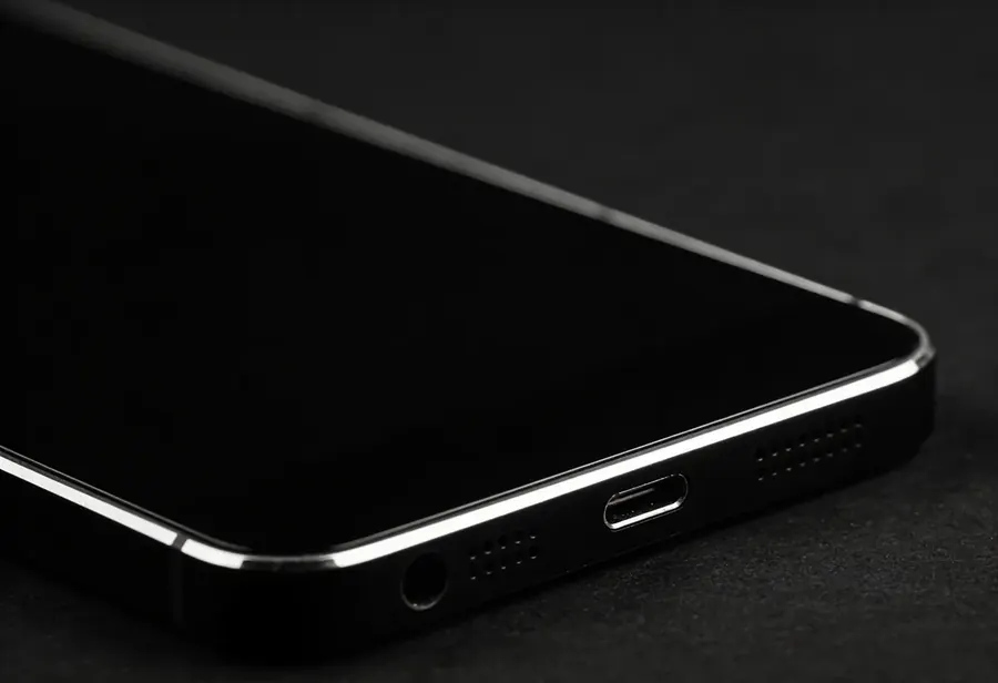 Parte de baixo de um celular preto com a entrada de carga USB-C