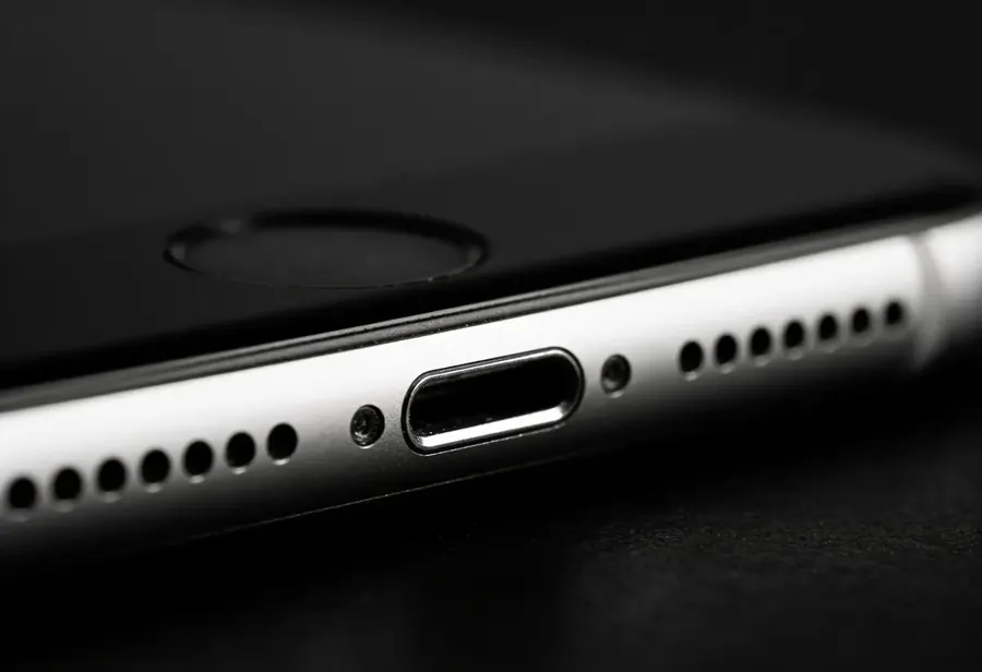 Borda de baixo de um iPhone com a entrada de carga e os furos do alto falante